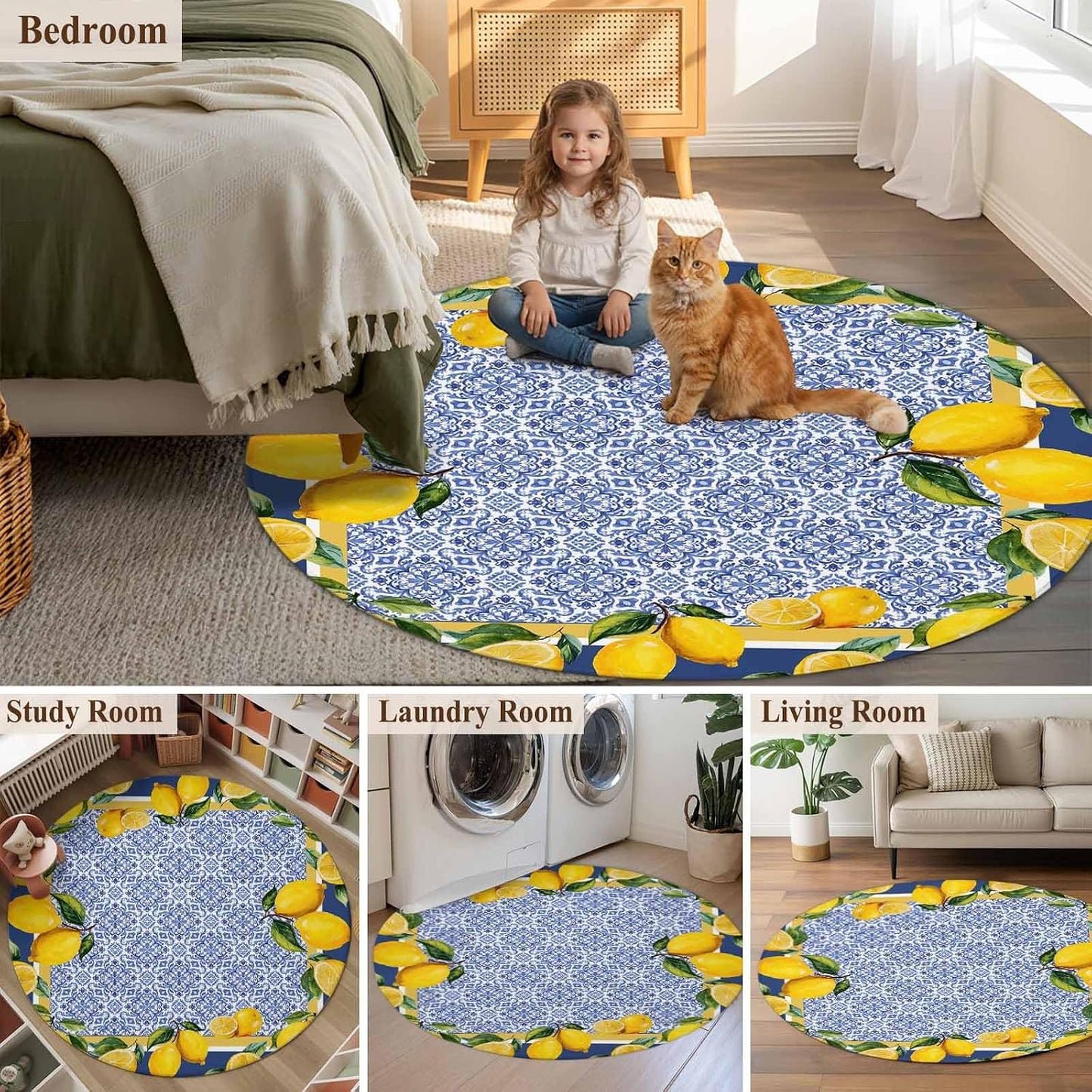 Round Rugs 3ft, Blue Yellow Lemon Area Rugs for Living Room Washable Rug, Summer Country Fruits Italian Style Non Slip Low Pile Indoor Carpet Circle Rug for Entryway Bedroom Bathroom Kitchen