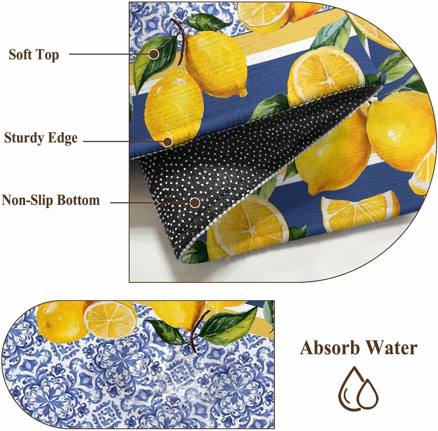 Round Rugs 3ft, Blue Yellow Lemon Area Rugs for Living Room Washable Rug, Summer Country Fruits Italian Style Non Slip Low Pile Indoor Carpet Circle Rug for Entryway Bedroom Bathroom Kitchen