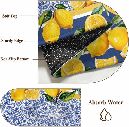 Round Rugs 3ft, Blue Yellow Lemon Area Rugs for Living Room Washable Rug, Summer Country Fruits Italian Style Non Slip Low Pile Indoor Carpet Circle Rug for Entryway Bedroom Bathroom Kitchen