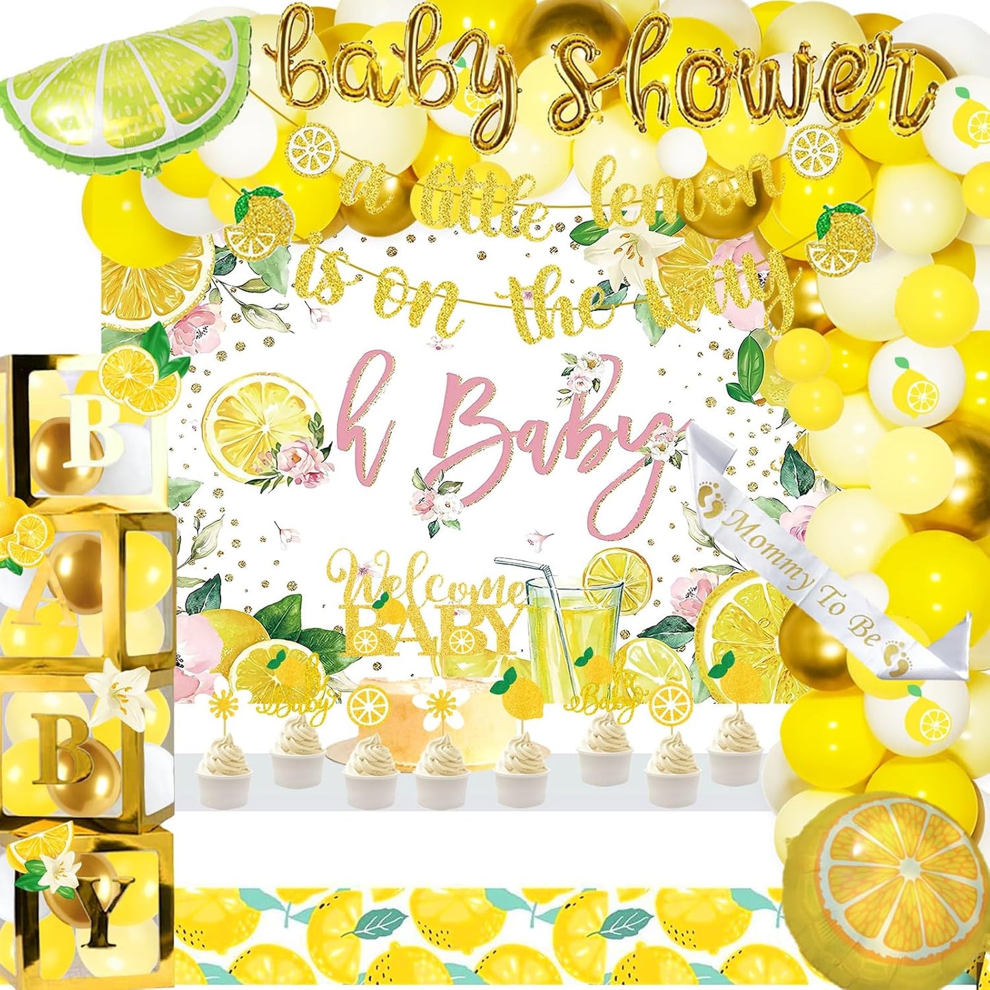 Lemon Baby Shower Decorations, A Little Lemon Is On The Way Party Decorations Backdrop Balloon Garland Glitter Banner Box Cutout Cake Cupcake Topper Mommy To Be Sash Gold Yellow