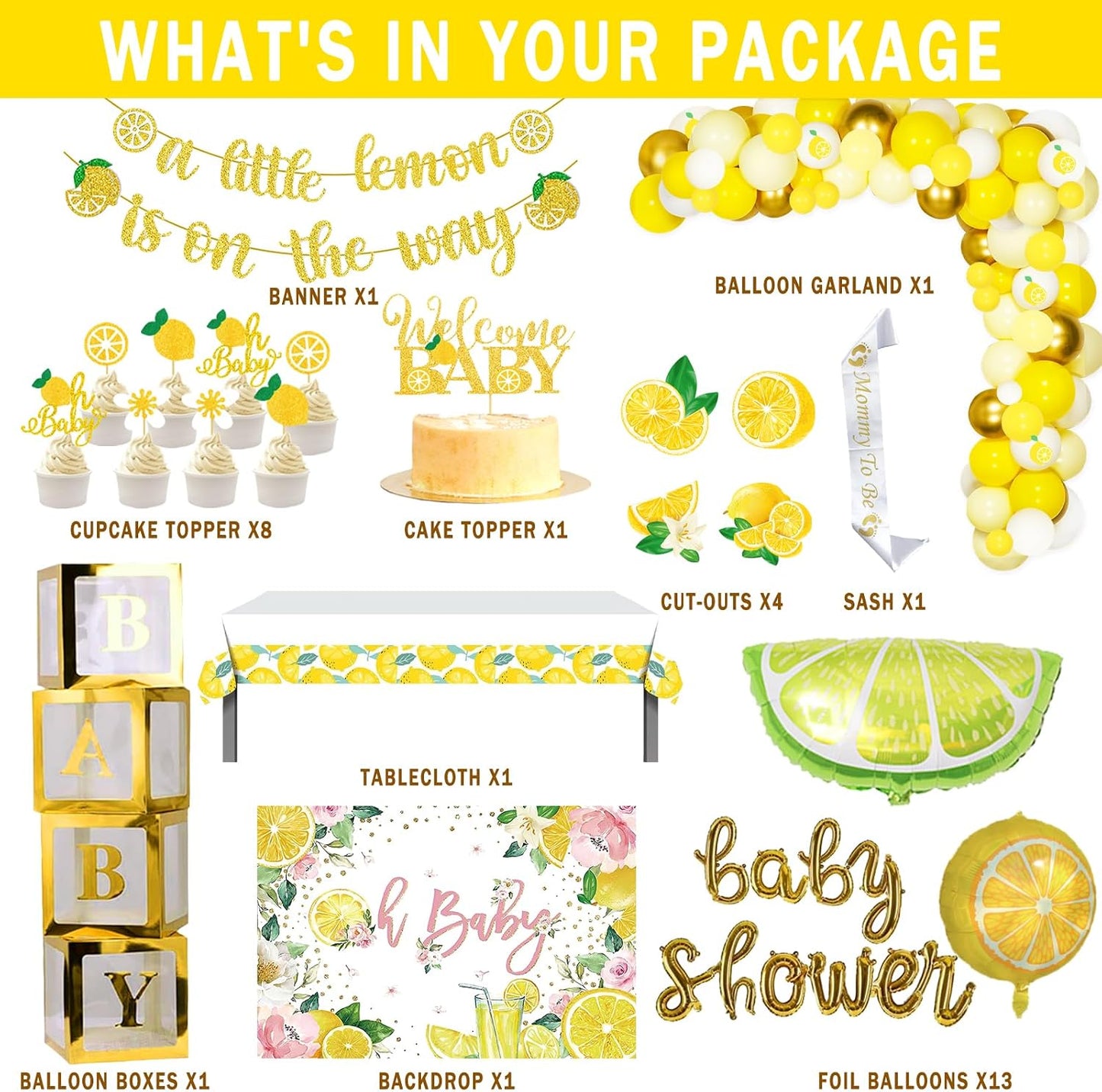 Lemon Baby Shower Decorations, A Little Lemon Is On The Way Party Decorations Backdrop Balloon Garland Glitter Banner Box Cutout Cake Cupcake Topper Mommy To Be Sash Gold Yellow