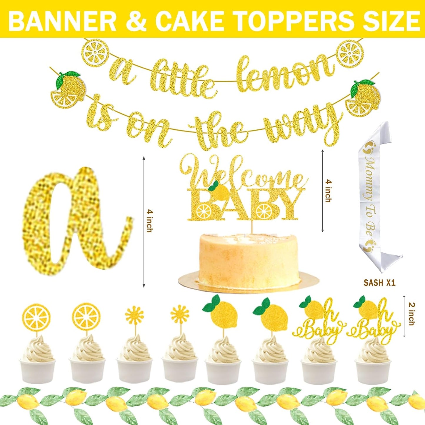Lemon Baby Shower Decorations, A Little Lemon Is On The Way Party Decorations Backdrop Balloon Garland Glitter Banner Box Cutout Cake Cupcake Topper Mommy To Be Sash Gold Yellow