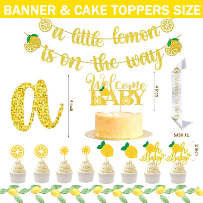 Lemon Baby Shower Decorations, A Little Lemon Is On The Way Party Decorations Backdrop Balloon Garland Glitter Banner Box Cutout Cake Cupcake Topper Mommy To Be Sash Gold Yellow