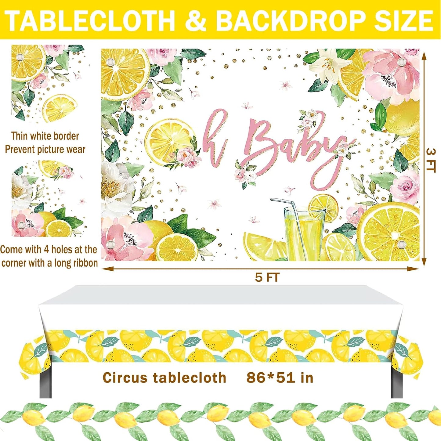 Lemon Baby Shower Decorations, A Little Lemon Is On The Way Party Decorations Backdrop Balloon Garland Glitter Banner Box Cutout Cake Cupcake Topper Mommy To Be Sash Gold Yellow