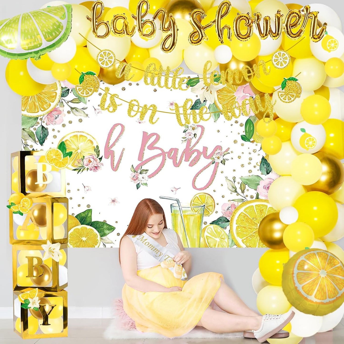 Lemon Baby Shower Decorations, A Little Lemon Is On The Way Party Decorations Backdrop Balloon Garland Glitter Banner Box Cutout Cake Cupcake Topper Mommy To Be Sash Gold Yellow
