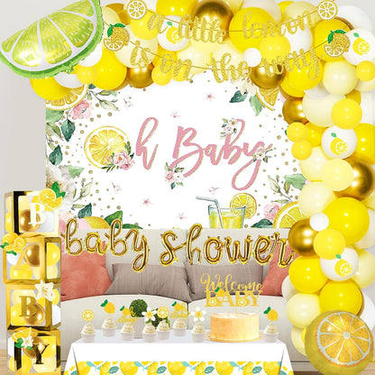 Lemon Baby Shower Decorations, A Little Lemon Is On The Way Party Decorations Backdrop Balloon Garland Glitter Banner Box Cutout Cake Cupcake Topper Mommy To Be Sash Gold Yellow