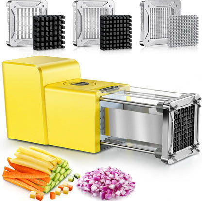 French Fry Cutter Electric Potato Cutter Stainless Steel with 3 Blades 1/4 3/8 1/2 Inch Blades for Potatoes, Carrots, Cucumbers & Onions, yellow
