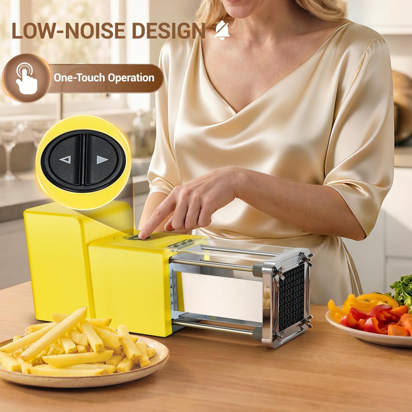 French Fry Cutter Electric Potato Cutter Stainless Steel with 3 Blades 1/4 3/8 1/2 Inch Blades for Potatoes, Carrots, Cucumbers & Onions, yellow