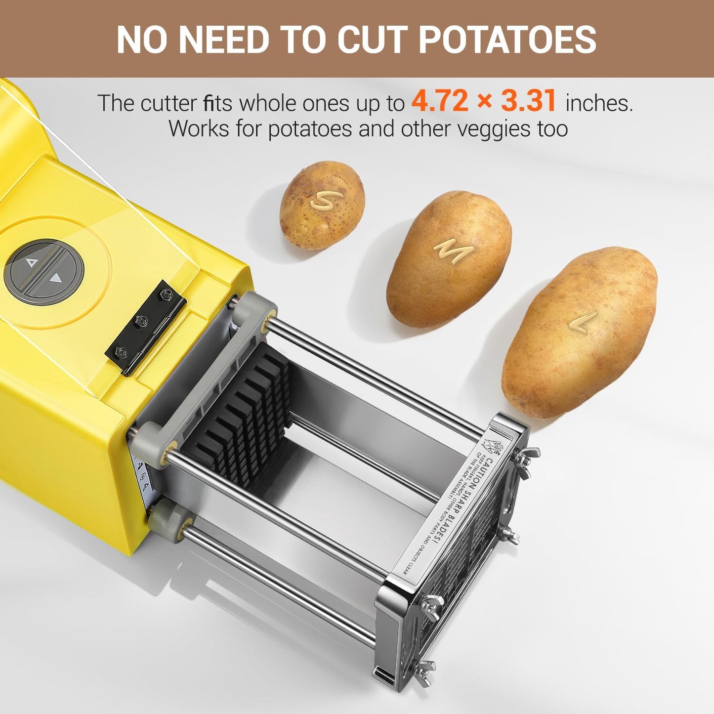 French Fry Cutter Electric Potato Cutter Stainless Steel with 3 Blades 1/4 3/8 1/2 Inch Blades for Potatoes, Carrots, Cucumbers & Onions, yellow
