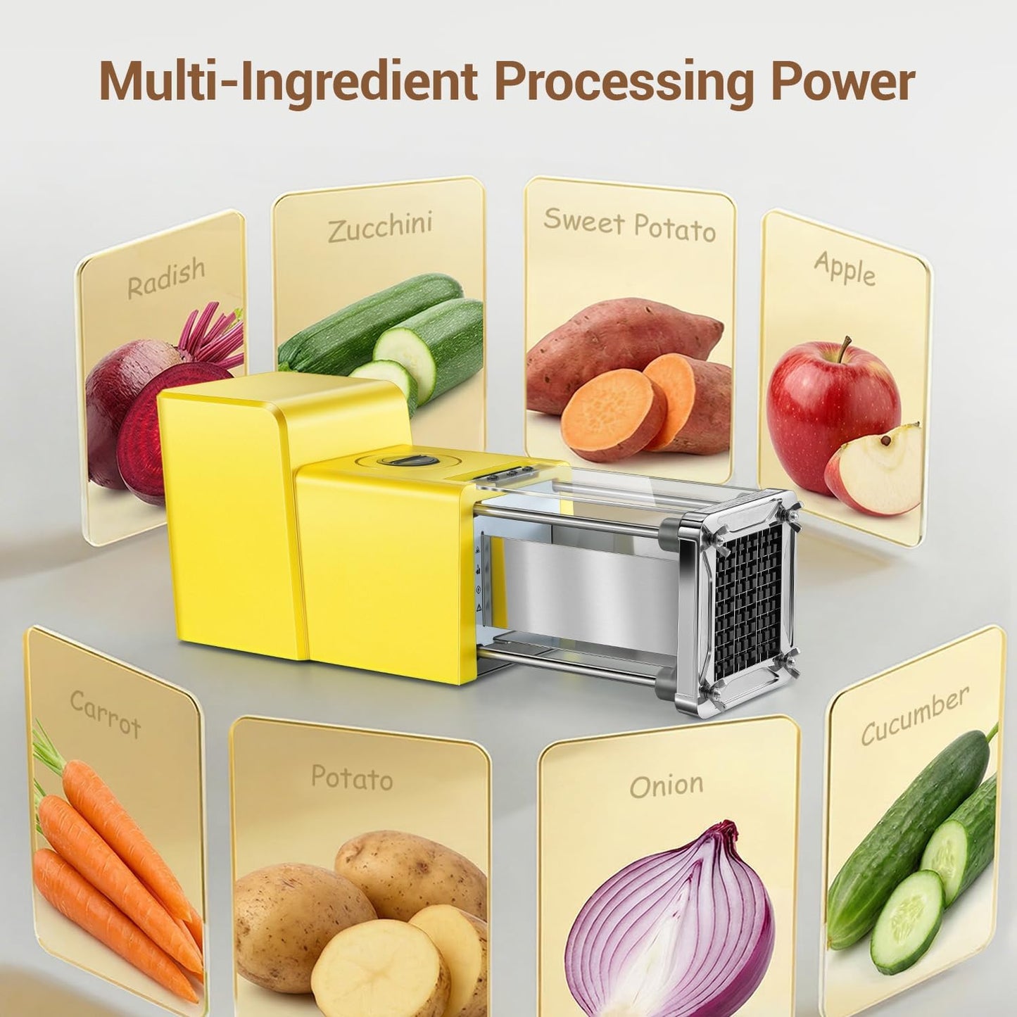 French Fry Cutter Electric Potato Cutter Stainless Steel with 3 Blades 1/4 3/8 1/2 Inch Blades for Potatoes, Carrots, Cucumbers & Onions, yellow