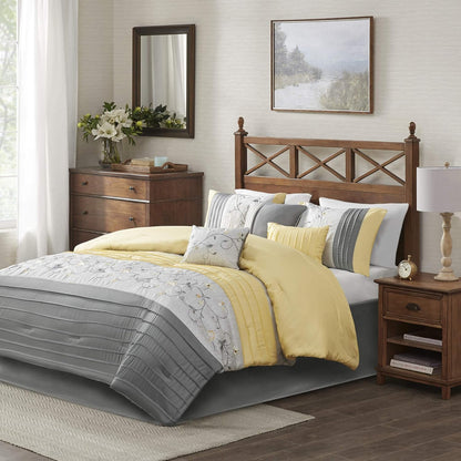 Serene Faux Silk Comforter Set - Floral Embroidery Design, All Season Bedding Set, Matching Bed Skirt, Decorative Pillows, Yellow Queen(90"x90") 7 Piece