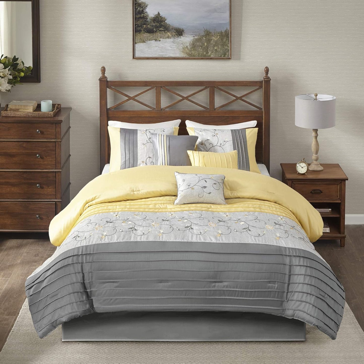 Serene Faux Silk Comforter Set - Floral Embroidery Design, All Season Bedding Set, Matching Bed Skirt, Decorative Pillows, Yellow Queen(90"x90") 7 Piece