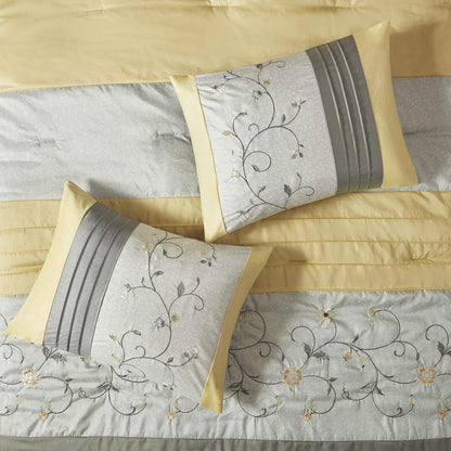 Serene Faux Silk Comforter Set - Floral Embroidery Design, All Season Bedding Set, Matching Bed Skirt, Decorative Pillows, Yellow Queen(90"x90") 7 Piece