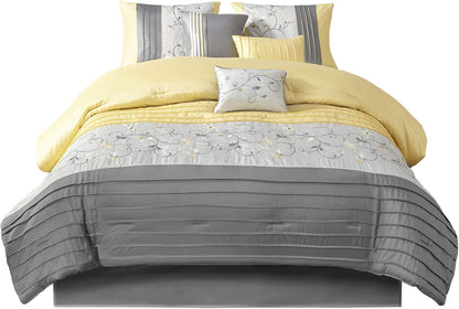 Serene Faux Silk Comforter Set - Floral Embroidery Design, All Season Bedding Set, Matching Bed Skirt, Decorative Pillows, Yellow Queen(90"x90") 7 Piece