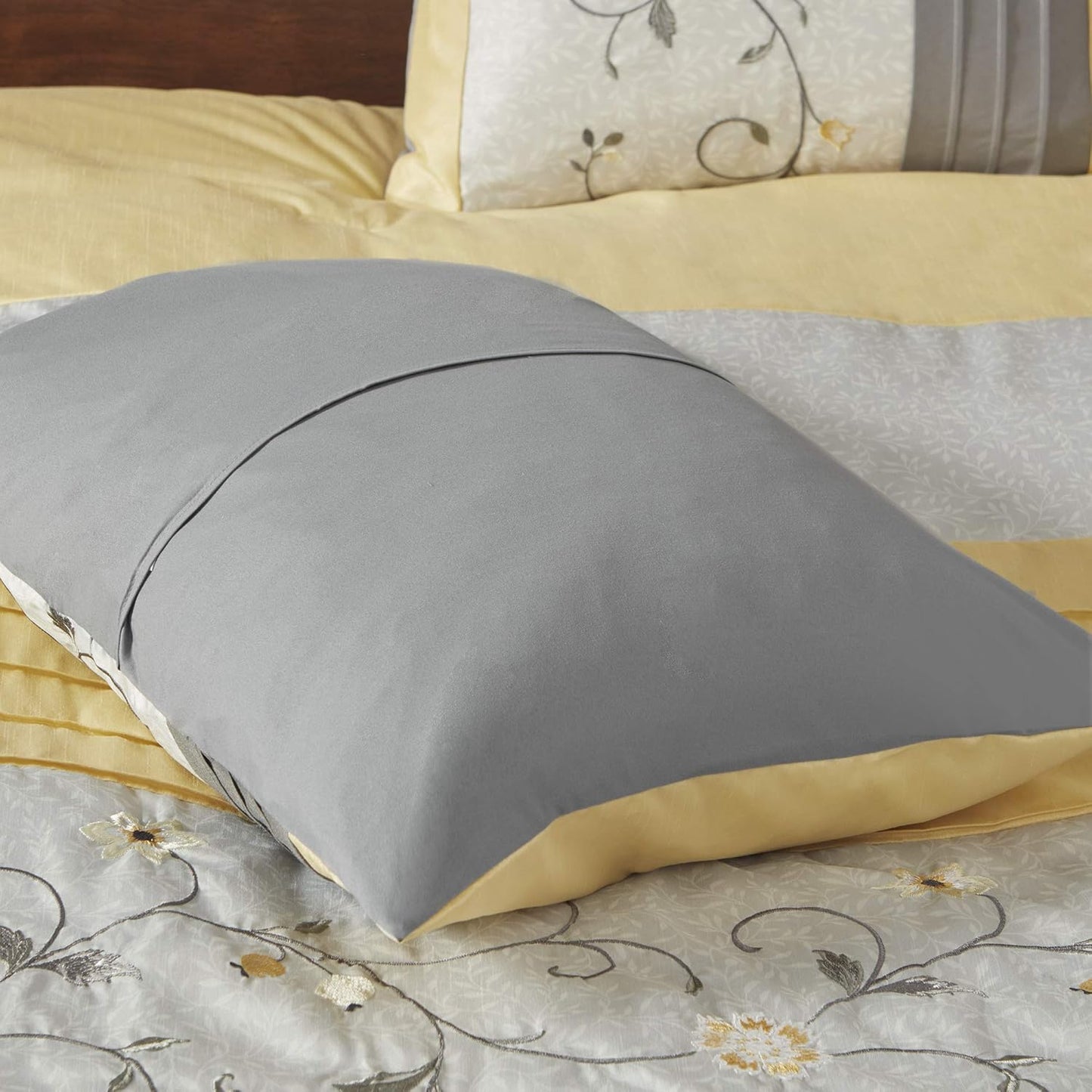 Serene Faux Silk Comforter Set - Floral Embroidery Design, All Season Bedding Set, Matching Bed Skirt, Decorative Pillows, Yellow Queen(90"x90") 7 Piece