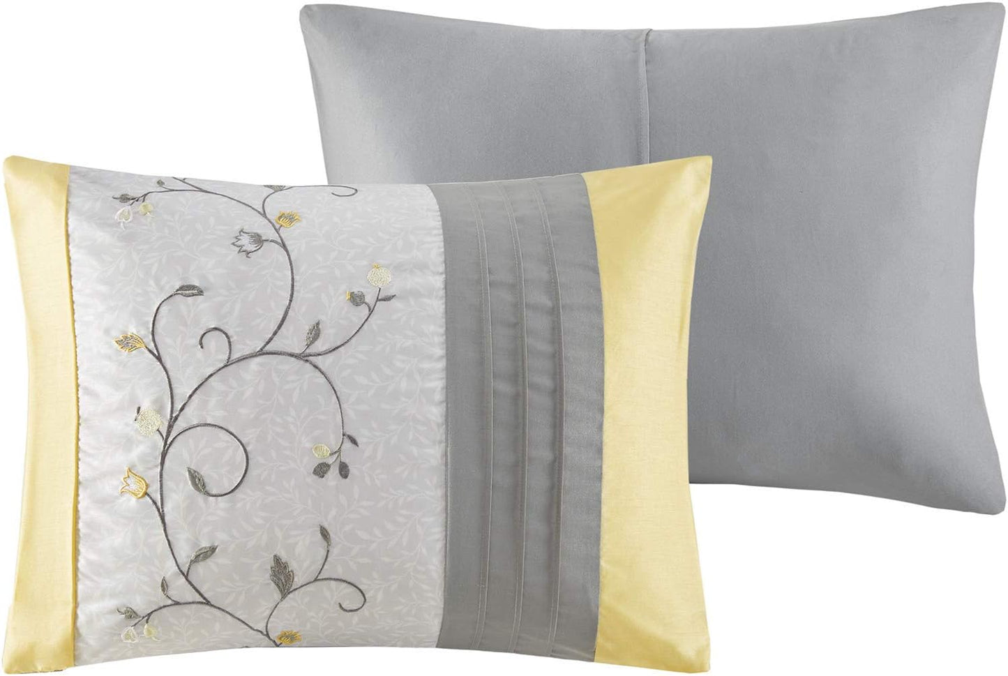 Serene Faux Silk Comforter Set - Floral Embroidery Design, All Season Bedding Set, Matching Bed Skirt, Decorative Pillows, Yellow Queen(90"x90") 7 Piece