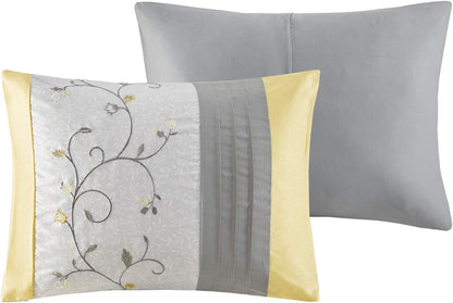 Serene Faux Silk Comforter Set - Floral Embroidery Design, All Season Bedding Set, Matching Bed Skirt, Decorative Pillows, Yellow Queen(90"x90") 7 Piece