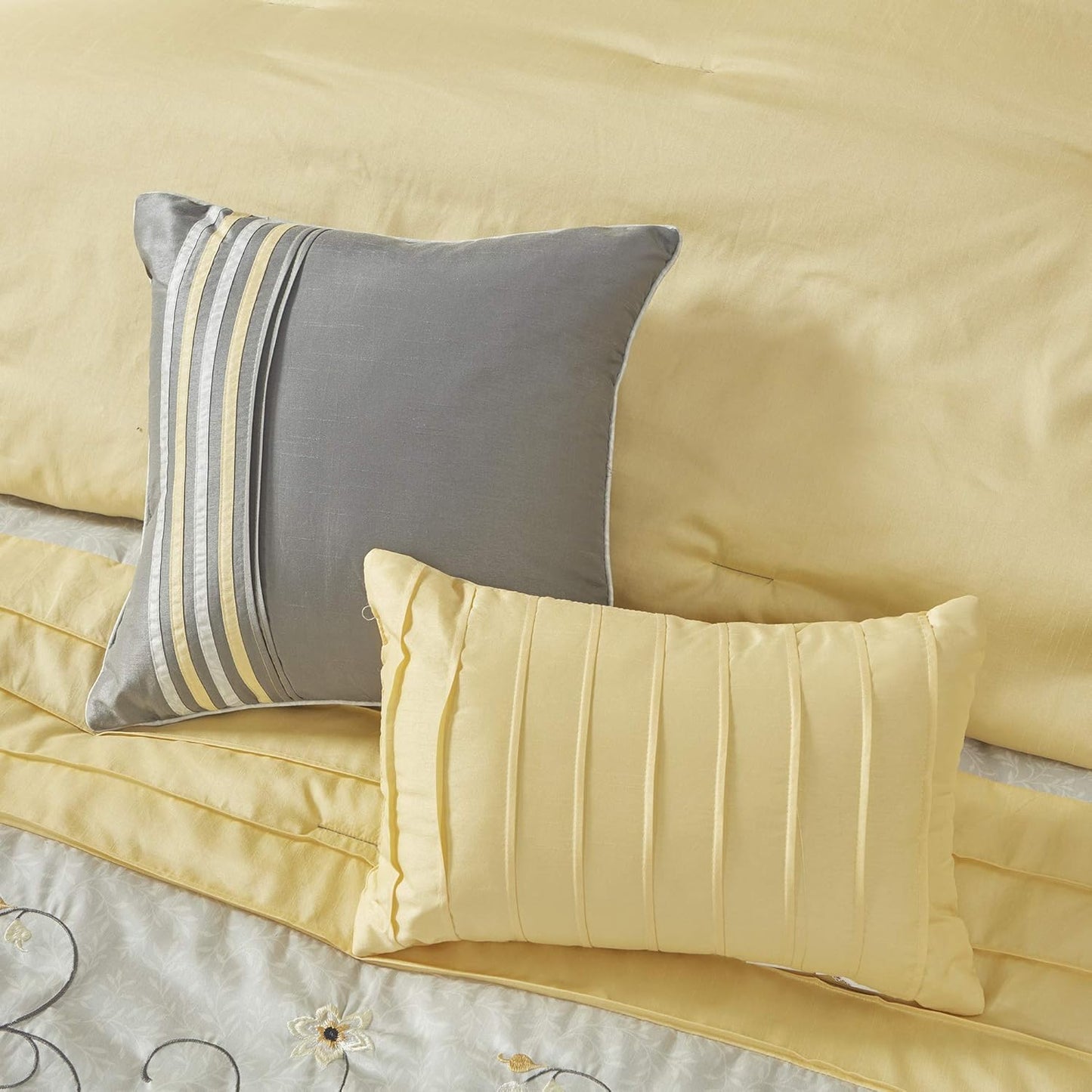 Serene Faux Silk Comforter Set - Floral Embroidery Design, All Season Bedding Set, Matching Bed Skirt, Decorative Pillows, Yellow Queen(90"x90") 7 Piece