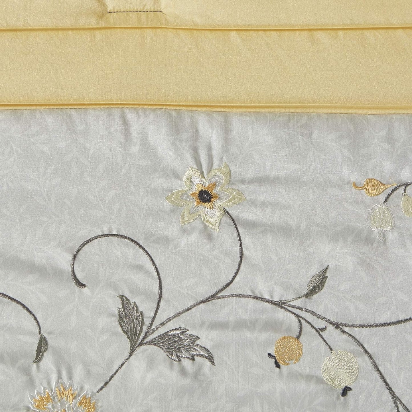 Serene Faux Silk Comforter Set - Floral Embroidery Design, All Season Bedding Set, Matching Bed Skirt, Decorative Pillows, Yellow Queen(90"x90") 7 Piece