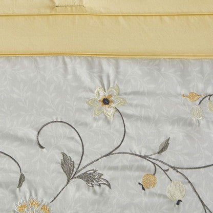 Serene Faux Silk Comforter Set - Floral Embroidery Design, All Season Bedding Set, Matching Bed Skirt, Decorative Pillows, Yellow Queen(90"x90") 7 Piece