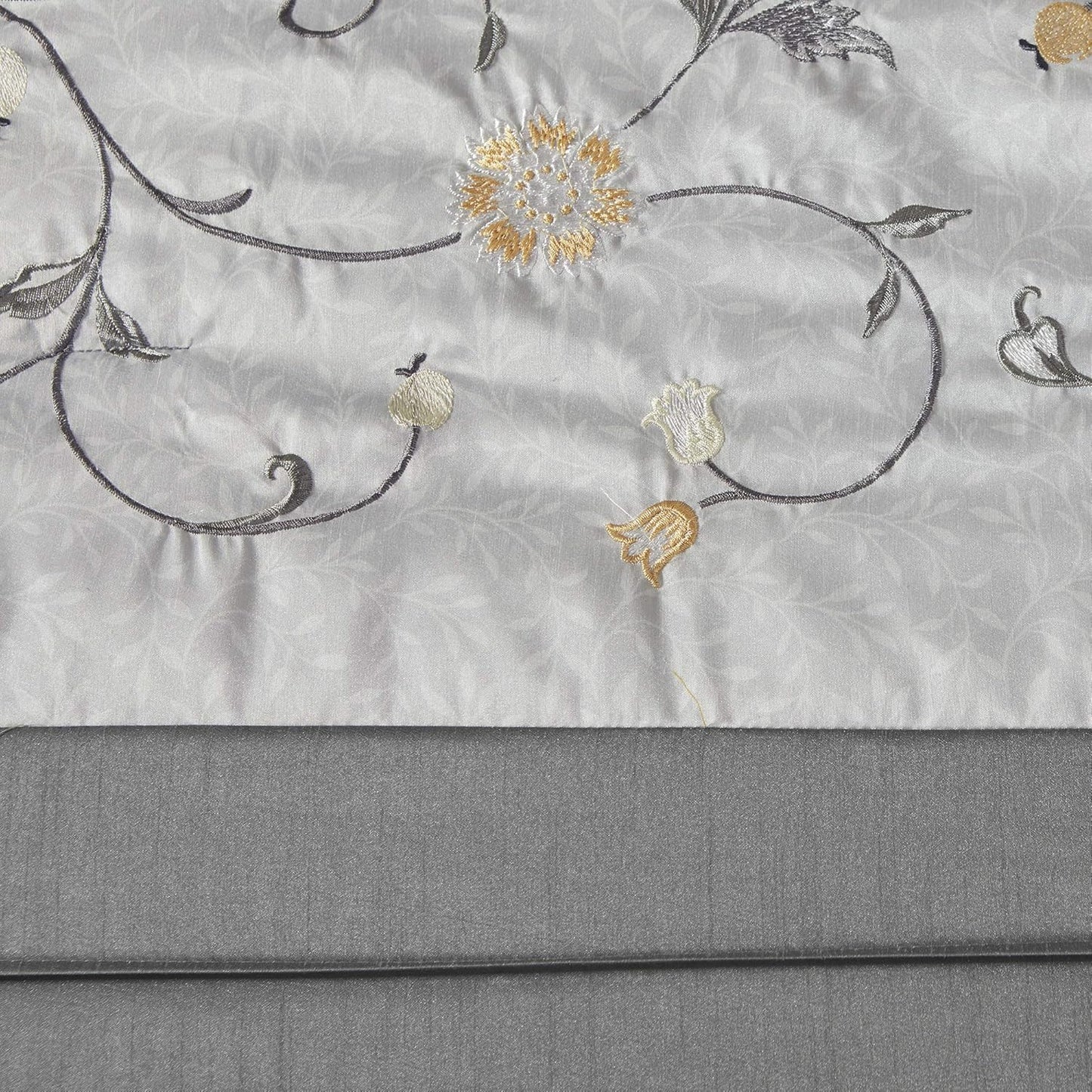 Serene Faux Silk Comforter Set - Floral Embroidery Design, All Season Bedding Set, Matching Bed Skirt, Decorative Pillows, Yellow Queen(90"x90") 7 Piece