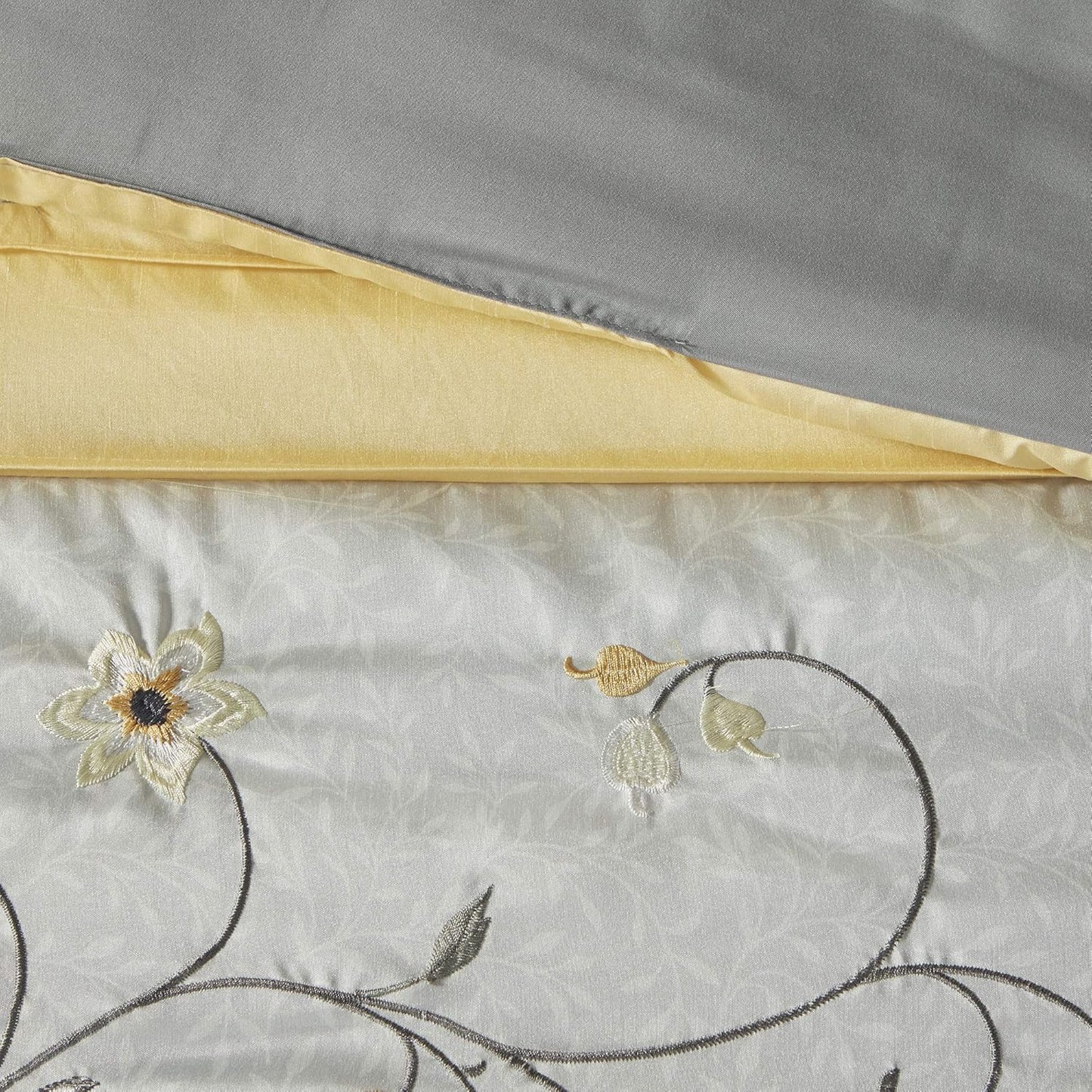 Serene Faux Silk Comforter Set - Floral Embroidery Design, All Season Bedding Set, Matching Bed Skirt, Decorative Pillows, Yellow Queen(90"x90") 7 Piece
