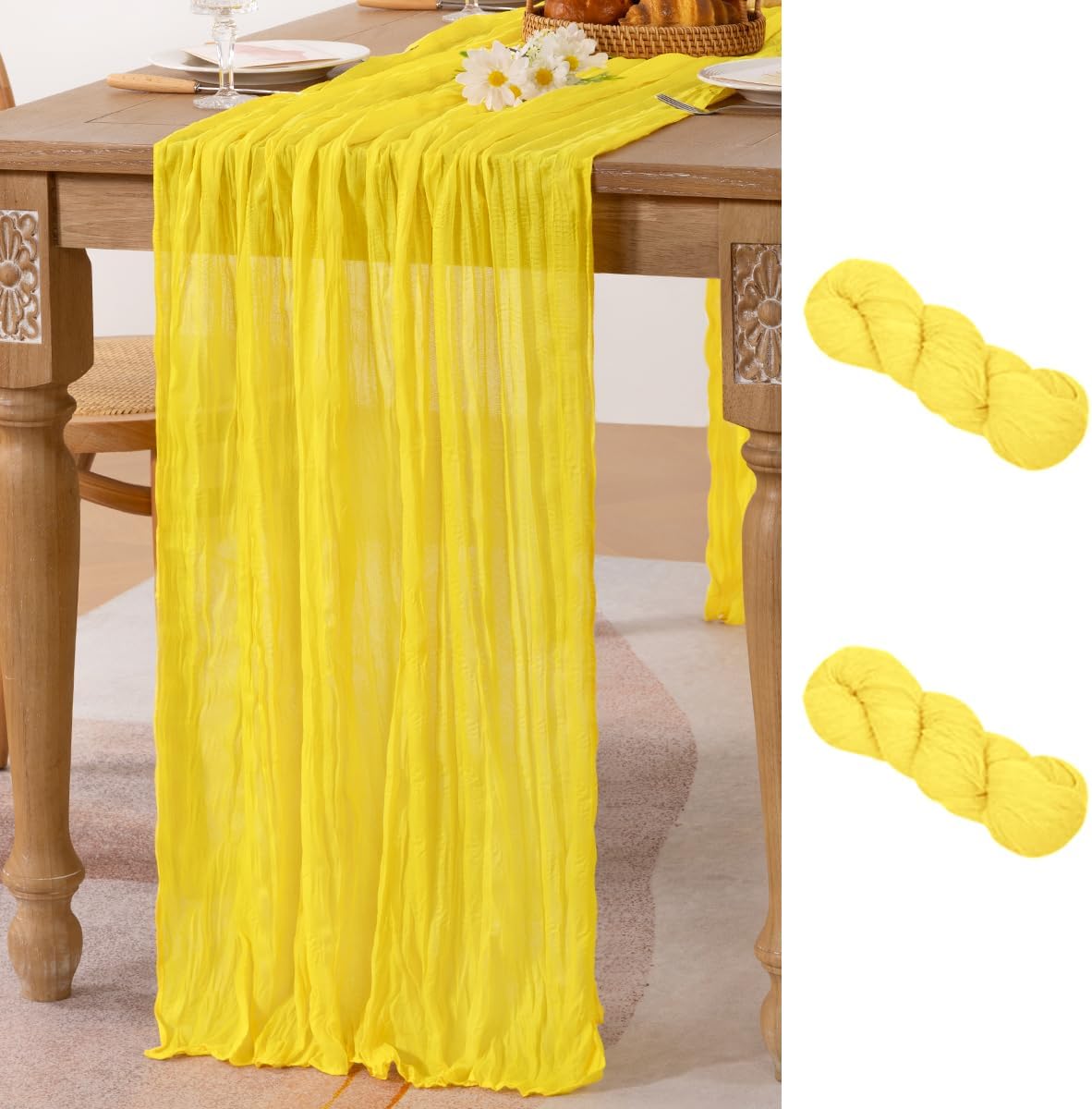 2 Pack Yellow Table Runner 10ft Rustic Summer Cheesecloth Table Runner Gauze Cheese Cloth Centerpiece Decororations 35x120 Inches for Wedding Baby Shower Outdoor Picninc Decor