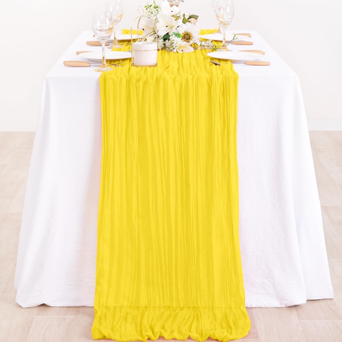 2 Pack Yellow Table Runner 10ft Rustic Summer Cheesecloth Table Runner Gauze Cheese Cloth Centerpiece Decororations 35x120 Inches for Wedding Baby Shower Outdoor Picninc Decor