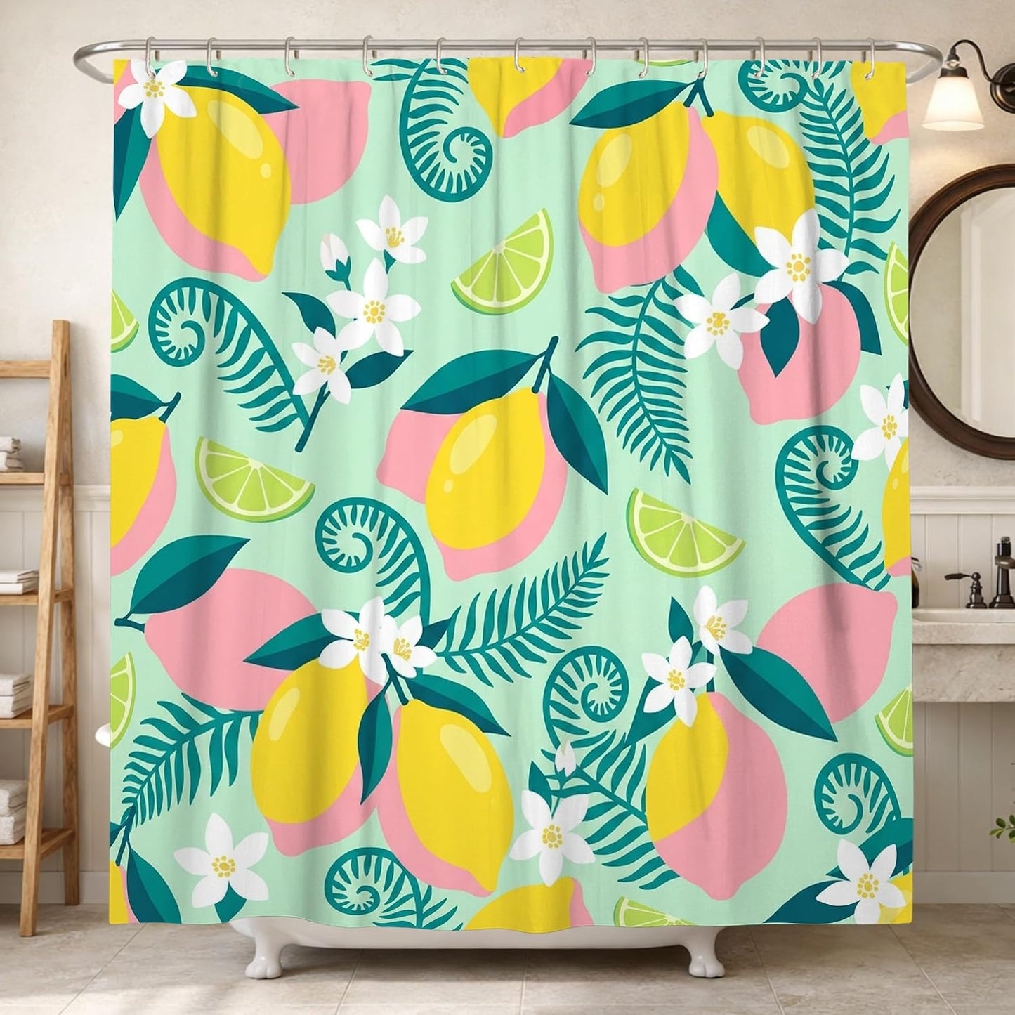 Lemon Shower Curtain, Summer Tropical Flower Leaf Summer Yellow Polyester Waterproof Bathtub Cloth Curtains Decor for Bathroom Guest Room 62x72 Inch