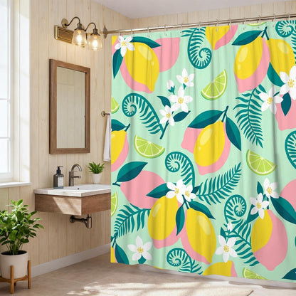 Lemon Shower Curtain, Summer Tropical Flower Leaf Summer Yellow Polyester Waterproof Bathtub Cloth Curtains Decor for Bathroom Guest Room 62x72 Inch