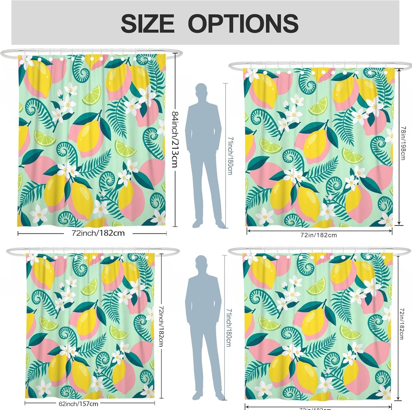 Lemon Shower Curtain, Summer Tropical Flower Leaf Summer Yellow Polyester Waterproof Bathtub Cloth Curtains Decor for Bathroom Guest Room 62x72 Inch