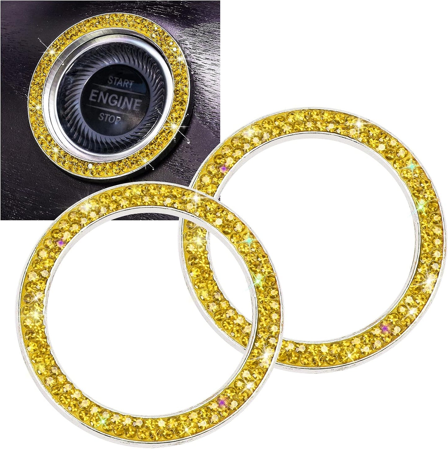 Bling Car Crystal Rhinestone Ring Emblem Sticker, Car Interior Decoration, Bling Car Accessories for Women, Push to Start Button, Key Ignition Starter & Knob Ring Yellow