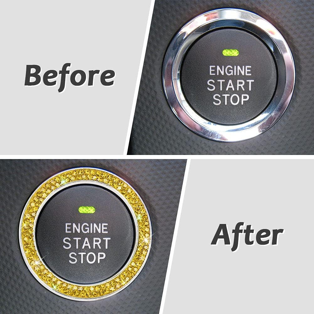 Bling Car Crystal Rhinestone Ring Emblem Sticker, Car Interior Decoration, Bling Car Accessories for Women, Push to Start Button, Key Ignition Starter & Knob Ring Yellow