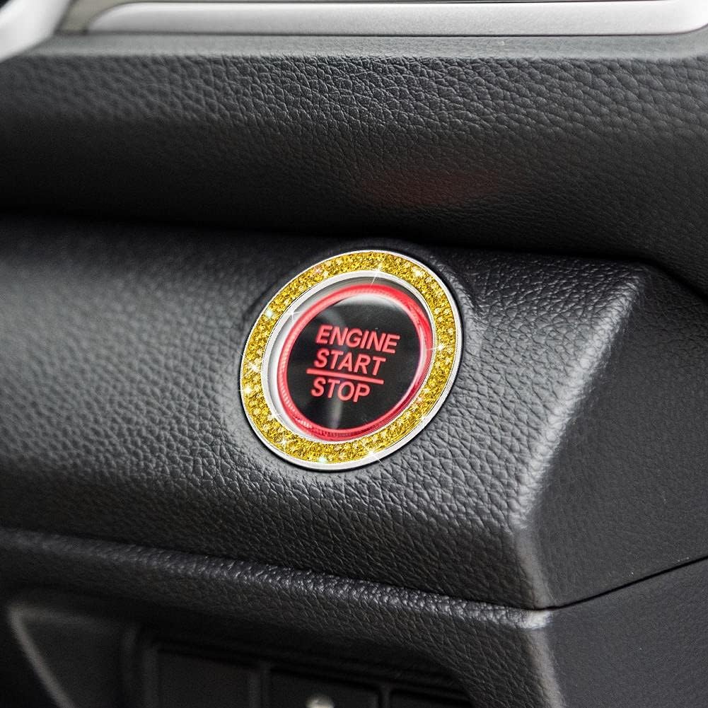 Bling Car Crystal Rhinestone Ring Emblem Sticker, Car Interior Decoration, Bling Car Accessories for Women, Push to Start Button, Key Ignition Starter & Knob Ring Yellow