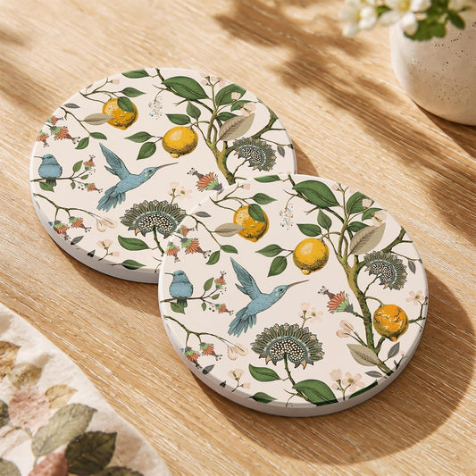 2 Pack Ceramic Drink Coasters for Women - Beige Bird Lemon Cottagecore Absorbent Drinking Coasters with Cork Backing for Coffee Table Desk Home Office, 4 Inch Round Decorative for Housewarming
