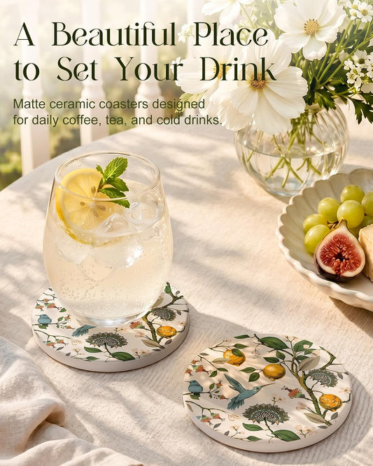 2 Pack Ceramic Drink Coasters for Women - Beige Bird Lemon Cottagecore Absorbent Drinking Coasters with Cork Backing for Coffee Table Desk Home Office, 4 Inch Round Decorative for Housewarming