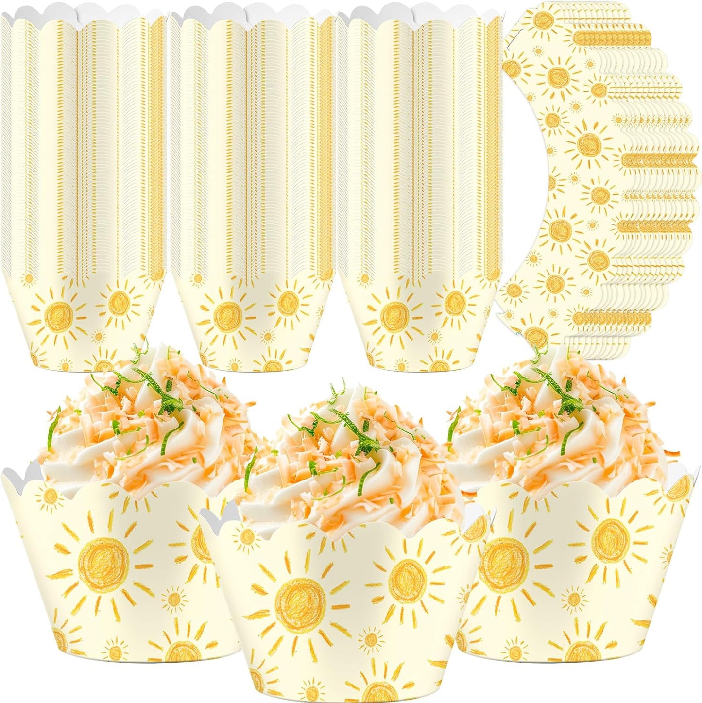 100 Pcs Bohemian Sun Cupcake Wrappers Rustic Yellow Sunshine Cupcake Liners Baking Cups Baking Liners for Summer Picnic Wedding Bridal Baby Shower Birthday Party Supplies Dessert Decoration