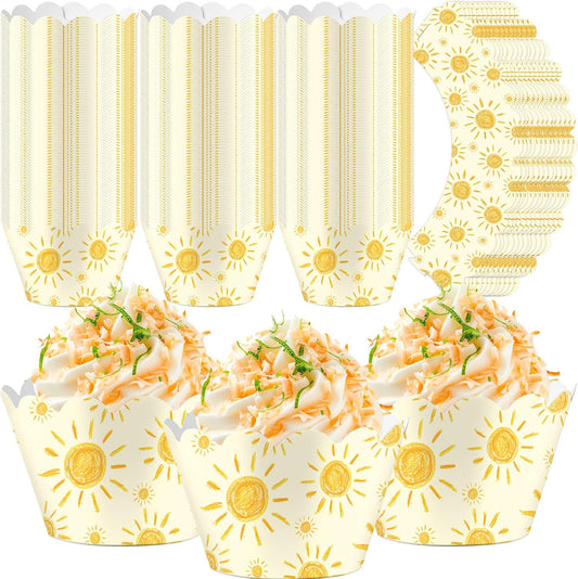 100 Pcs Bohemian Sun Cupcake Wrappers Rustic Yellow Sunshine Cupcake Liners Baking Cups Baking Liners for Summer Picnic Wedding Bridal Baby Shower Birthday Party Supplies Dessert Decoration