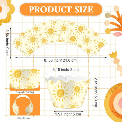100 Pcs Bohemian Sun Cupcake Wrappers Rustic Yellow Sunshine Cupcake Liners Baking Cups Baking Liners for Summer Picnic Wedding Bridal Baby Shower Birthday Party Supplies Dessert Decoration