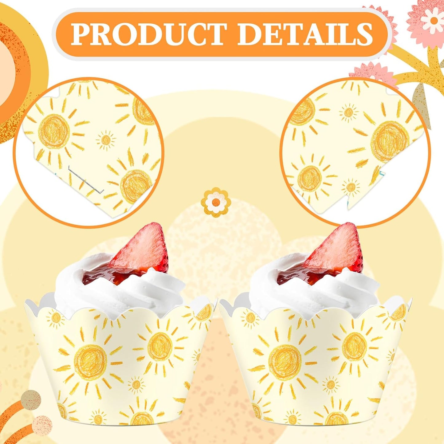 100 Pcs Bohemian Sun Cupcake Wrappers Rustic Yellow Sunshine Cupcake Liners Baking Cups Baking Liners for Summer Picnic Wedding Bridal Baby Shower Birthday Party Supplies Dessert Decoration