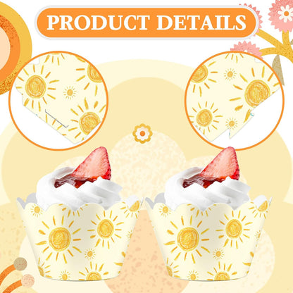 100 Pcs Bohemian Sun Cupcake Wrappers Rustic Yellow Sunshine Cupcake Liners Baking Cups Baking Liners for Summer Picnic Wedding Bridal Baby Shower Birthday Party Supplies Dessert Decoration