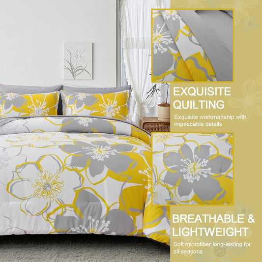 Yellow Floral Comforter Set King Size 7 Pieces Reversible Bed in a Bag with Sheets Set for All Season, Soft Microfiber Complete Bedding Set King (104"x90")