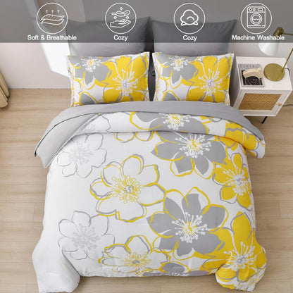 Yellow Floral Comforter Set King Size 7 Pieces Reversible Bed in a Bag with Sheets Set for All Season, Soft Microfiber Complete Bedding Set King (104"x90")