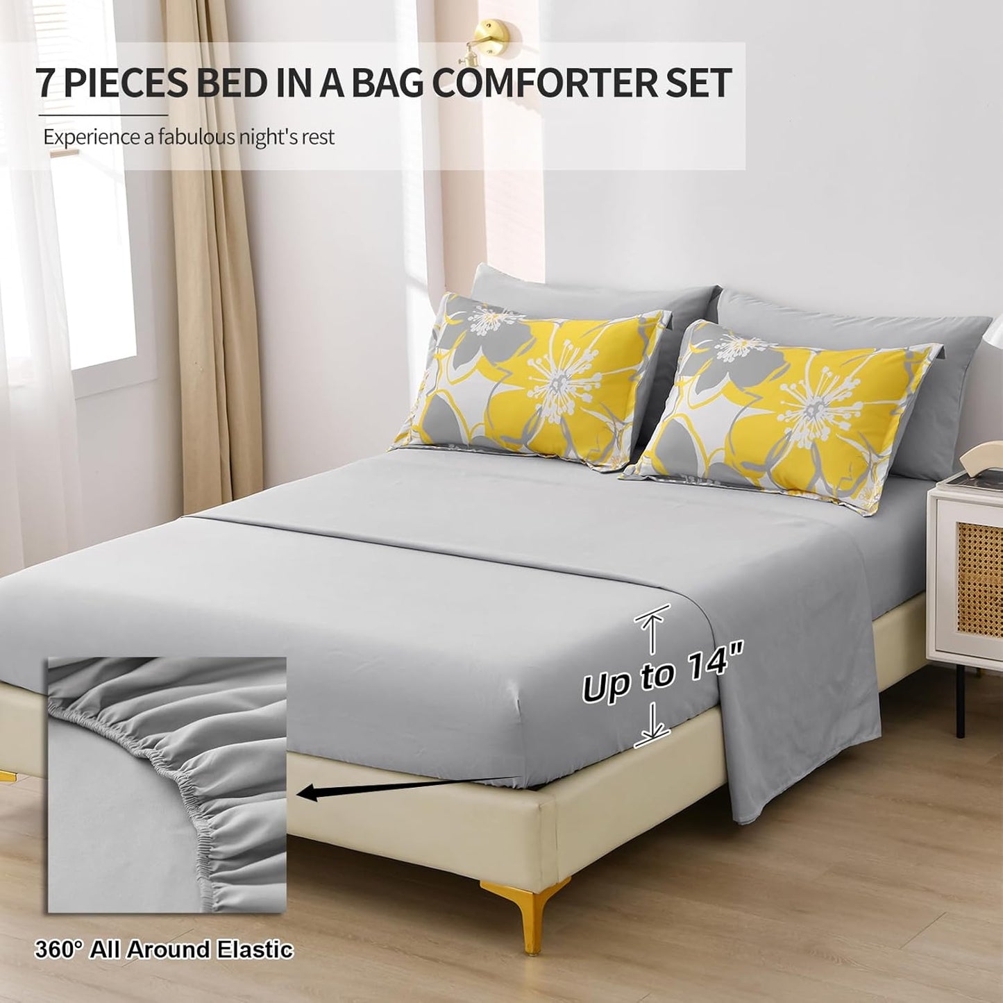 Yellow Floral Comforter Set King Size 7 Pieces Reversible Bed in a Bag with Sheets Set for All Season, Soft Microfiber Complete Bedding Set King (104"x90")