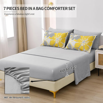 Yellow Floral Comforter Set King Size 7 Pieces Reversible Bed in a Bag with Sheets Set for All Season, Soft Microfiber Complete Bedding Set King (104"x90")