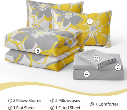 Yellow Floral Comforter Set King Size 7 Pieces Reversible Bed in a Bag with Sheets Set for All Season, Soft Microfiber Complete Bedding Set King (104"x90")