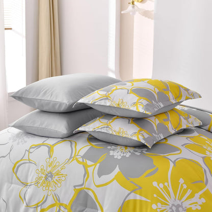 Yellow Floral Comforter Set King Size 7 Pieces Reversible Bed in a Bag with Sheets Set for All Season, Soft Microfiber Complete Bedding Set King (104"x90")
