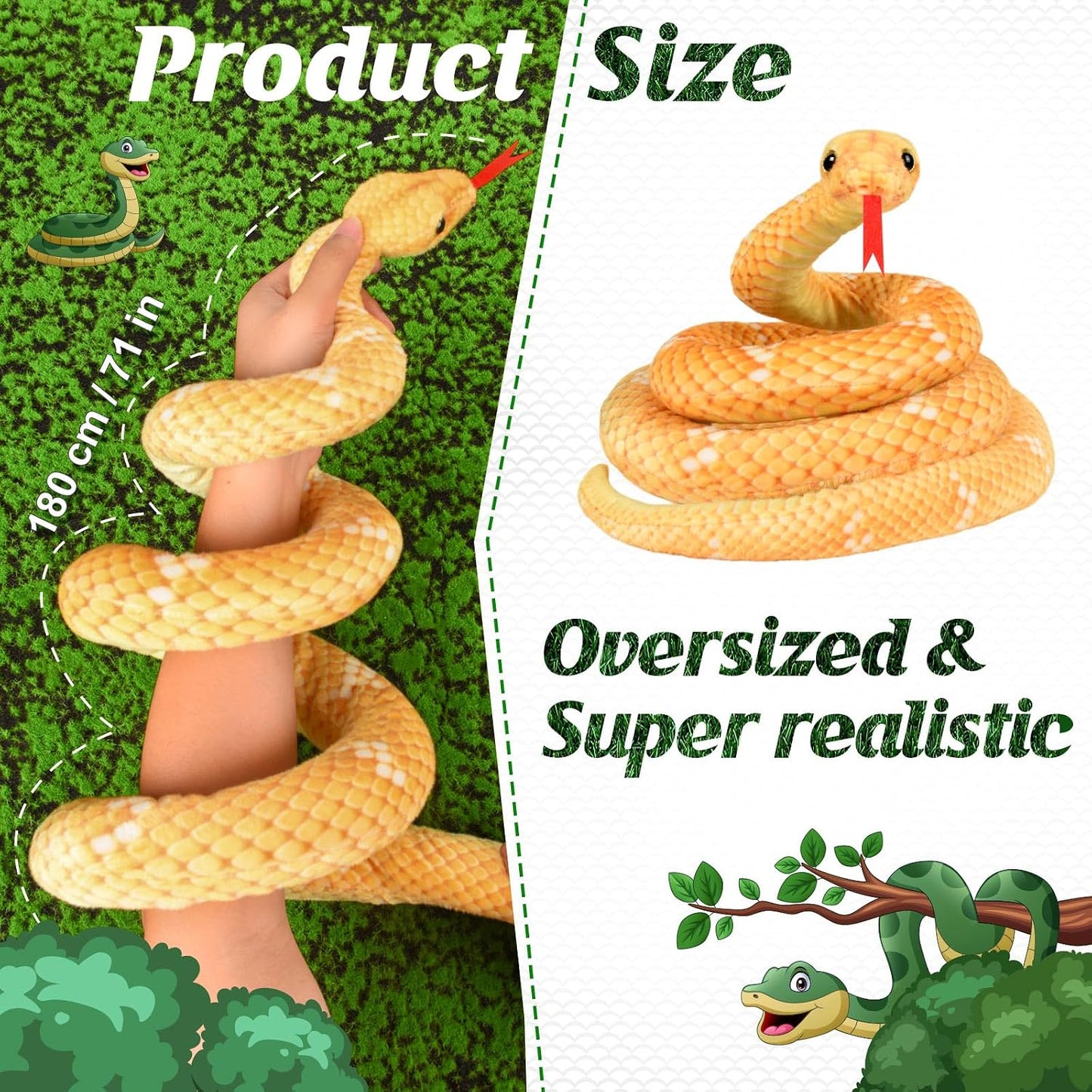 Snake Plush, 71 in, Yellow | Stuffed Snake Animal, Large Toy Snakes for Kids, Giant Stuffed Animals, Lifelike, Birthday Present Party Prank Prop
