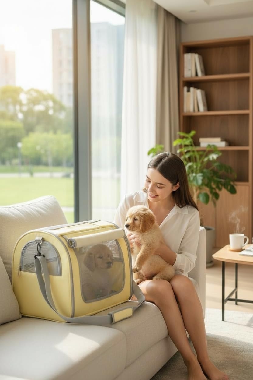 Tristan Home Premium Faux Leather Pet Carrier, Ventilated Travel Bag with Mesh Windows, Shoulder Strap, Pocket, Medium, Suitable for Pet Under 15lbs, (Light Yellow)