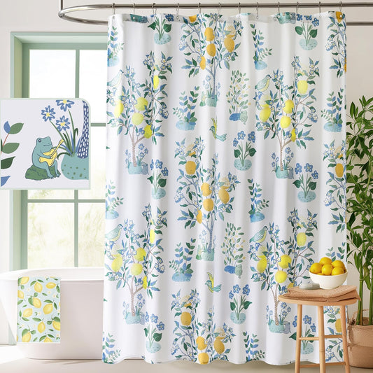 Fun Cute Shower Curtain,Whimsical Frog Colorful Lemon Bright Yellow Blue Cottage Core Eclectic Nature Botanical Floral Bird Cottagecore Summer Coastal Shower Curtains for Bathroom Decor